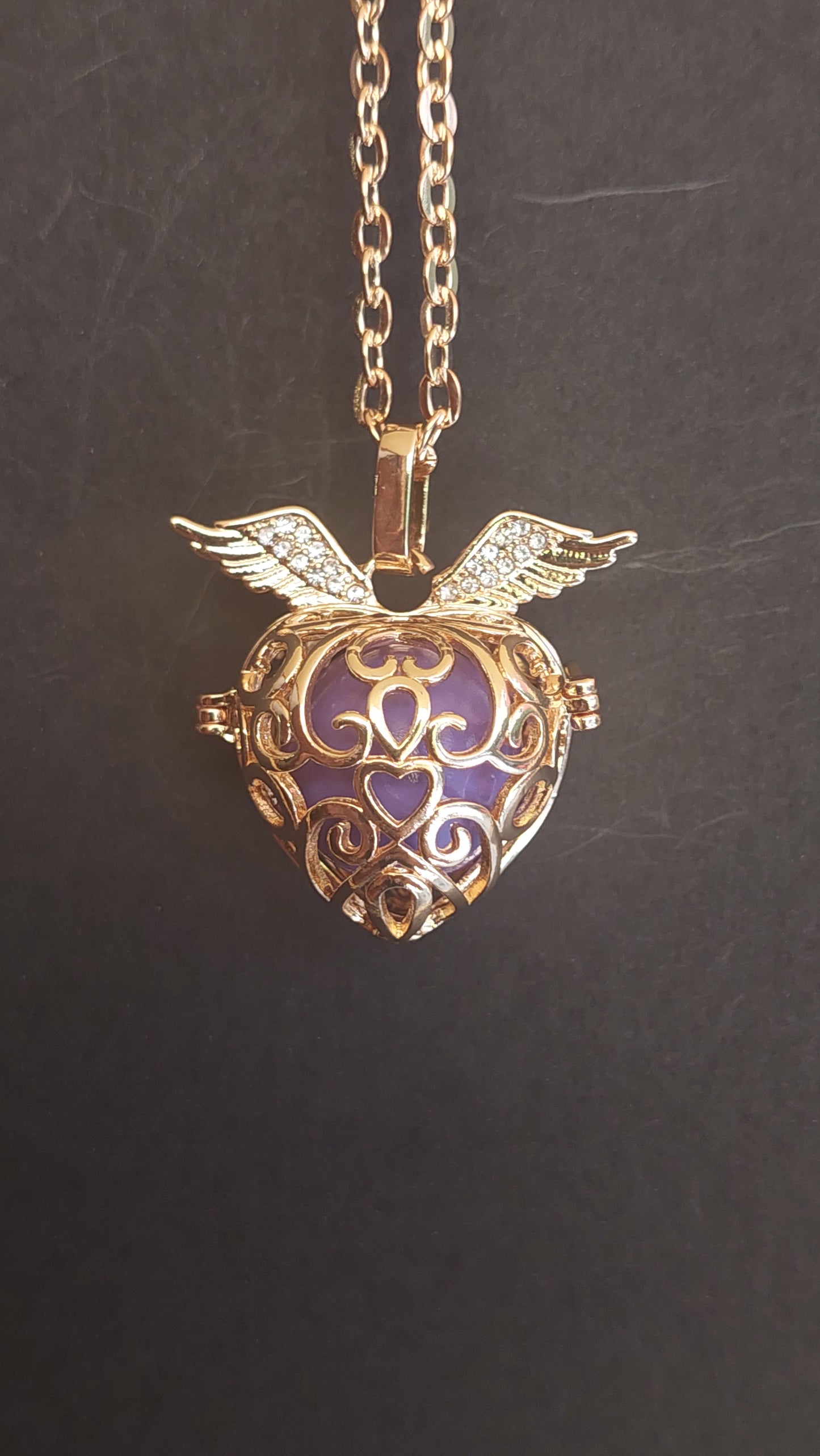 Llamador de Ángeles / Corazón DORADO 2 alas cascabel lavanda