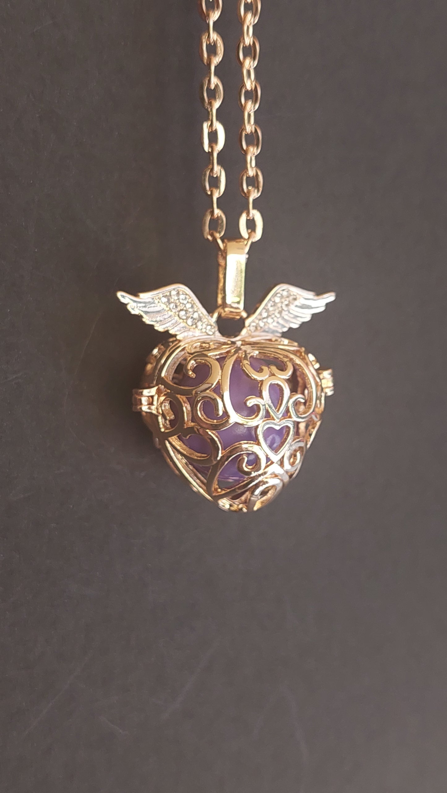 Llamador de Ángeles / Corazón DORADO 2 alas cascabel lavanda