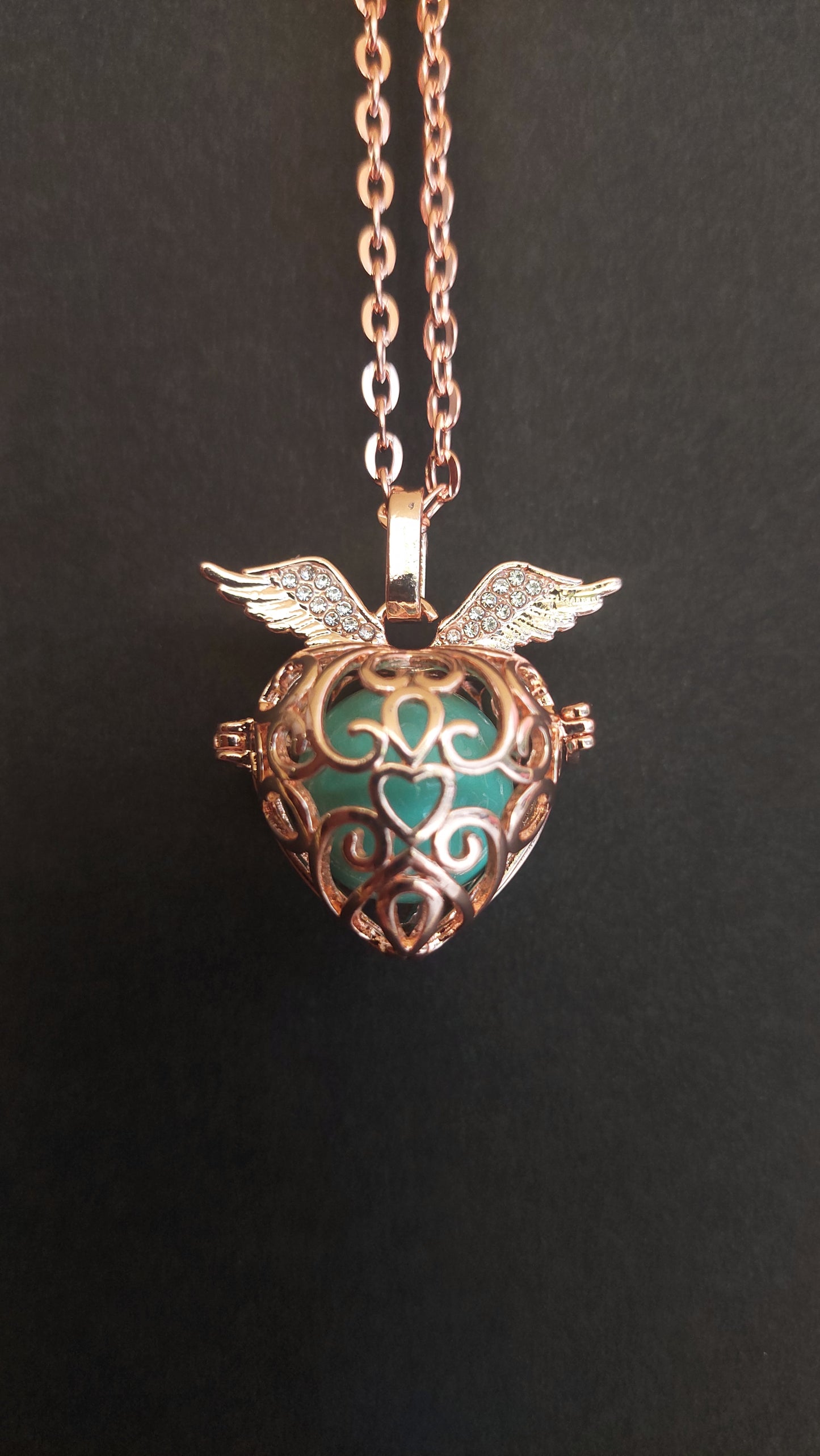 Llamador de Ángeles / Corazón 2 alas ORO ROSA cascabel menta