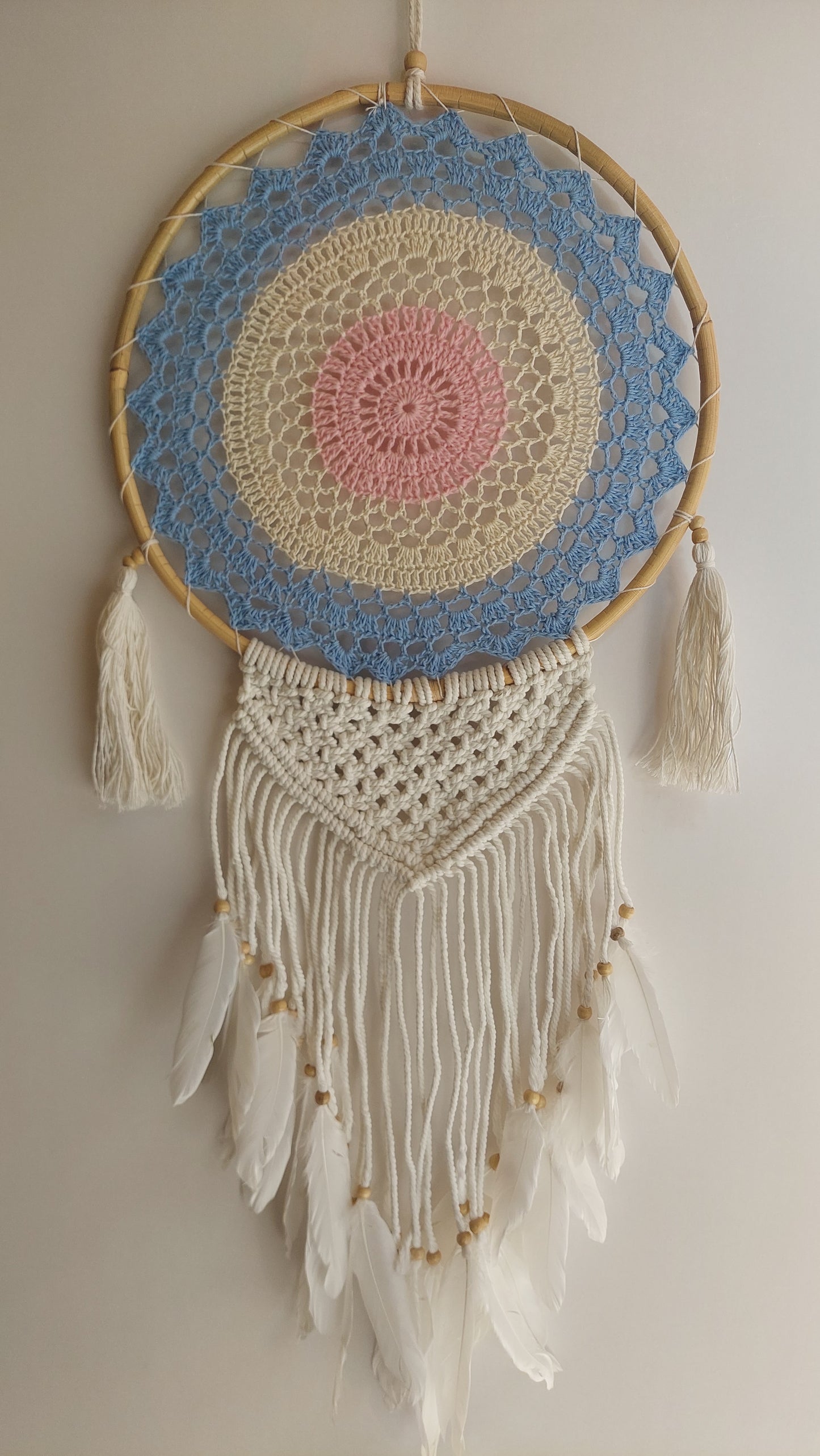 Atrapasueños GRANDE Tejido y Macrame (celeste y rosa)
