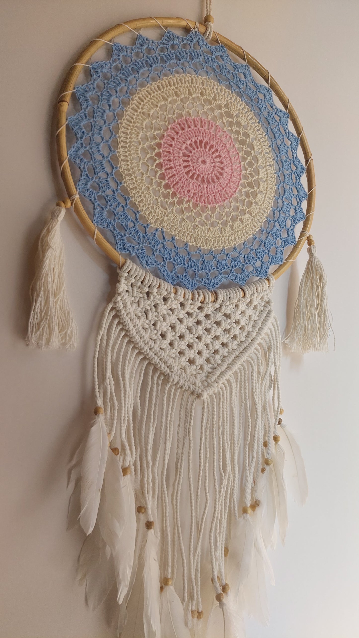 Atrapasueños GRANDE Tejido y Macrame (celeste y rosa)