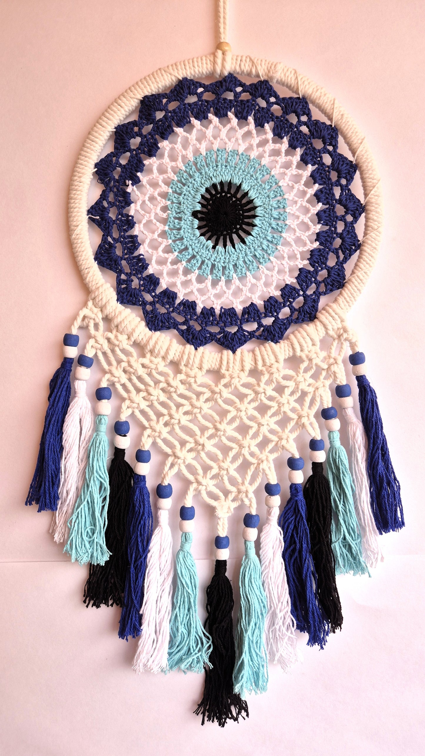 Atrapasueños Ojo Turco Tejido y Macrame (blanco, azul y negro)