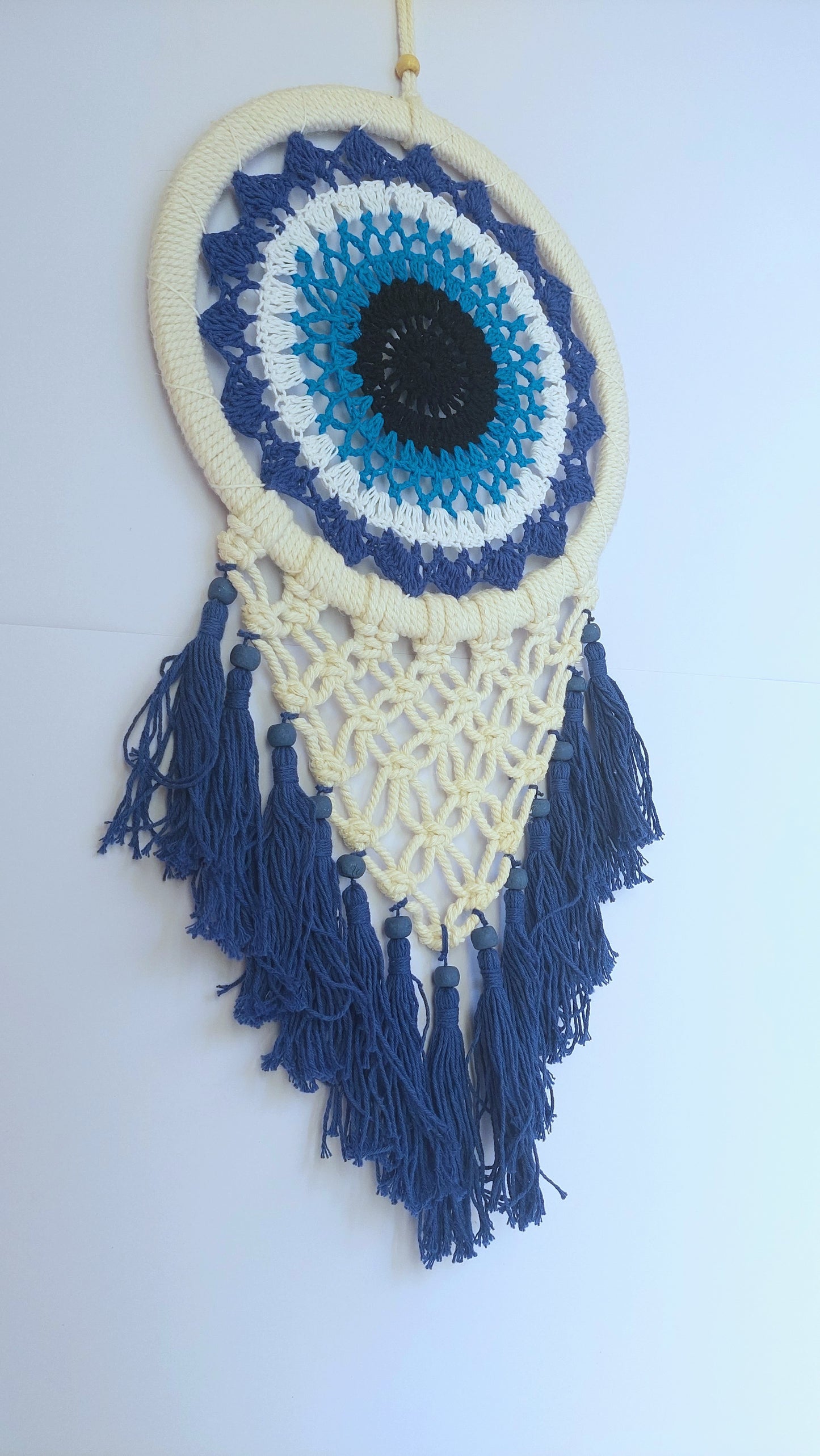 Atrapasueños Ojo Turco Tejido y Macrame (blanco y azul)
