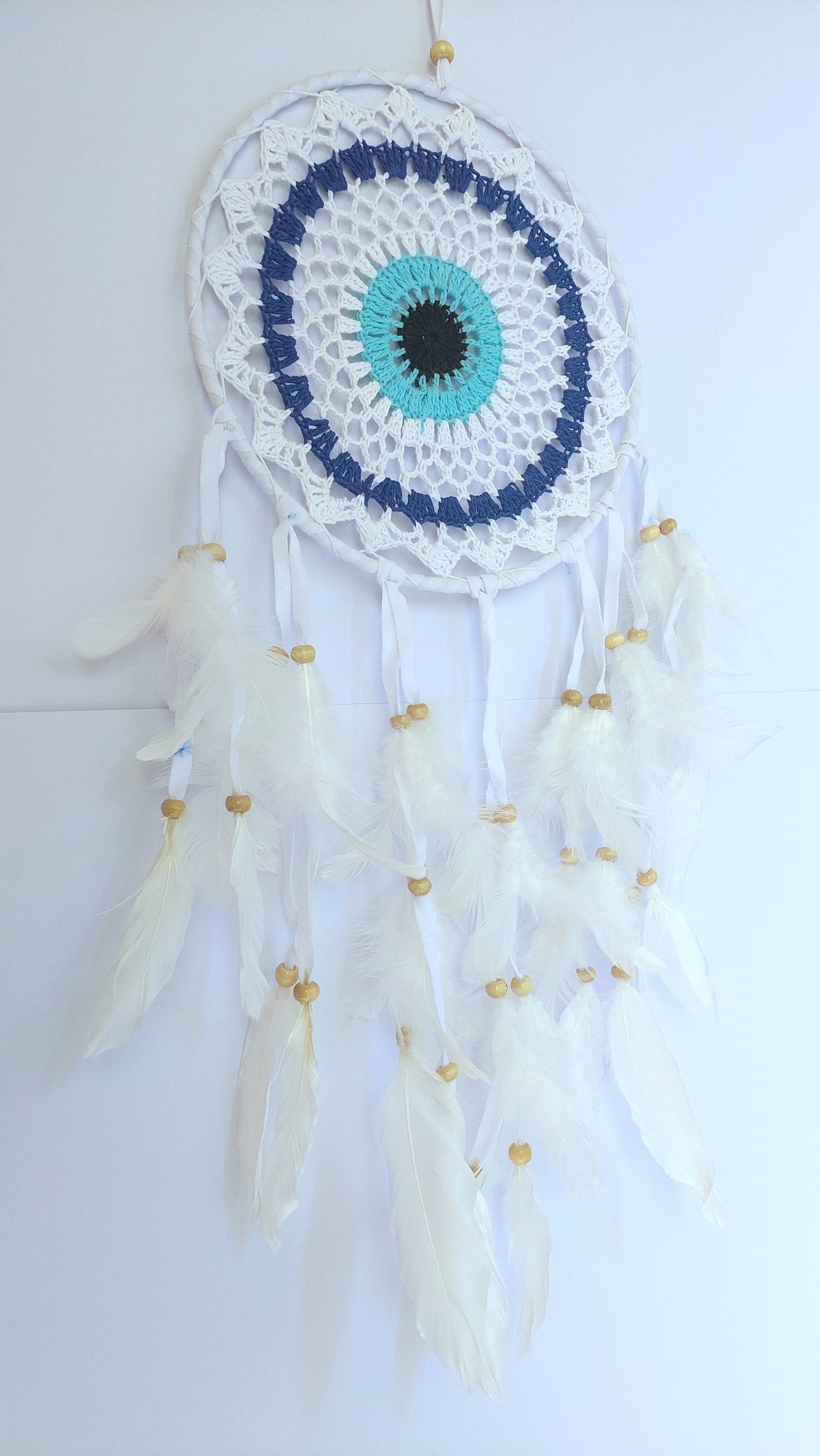 Atrapasueños Ojo Turco Tejido y Plumas (blanco)