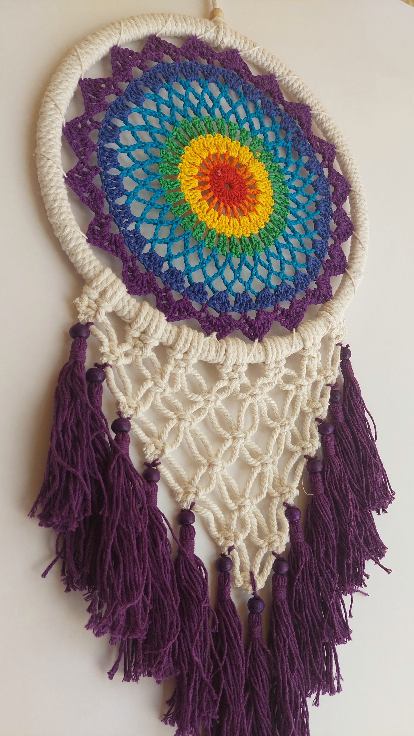 Atrapasueños Tejido y Macrame (blanco y morado)