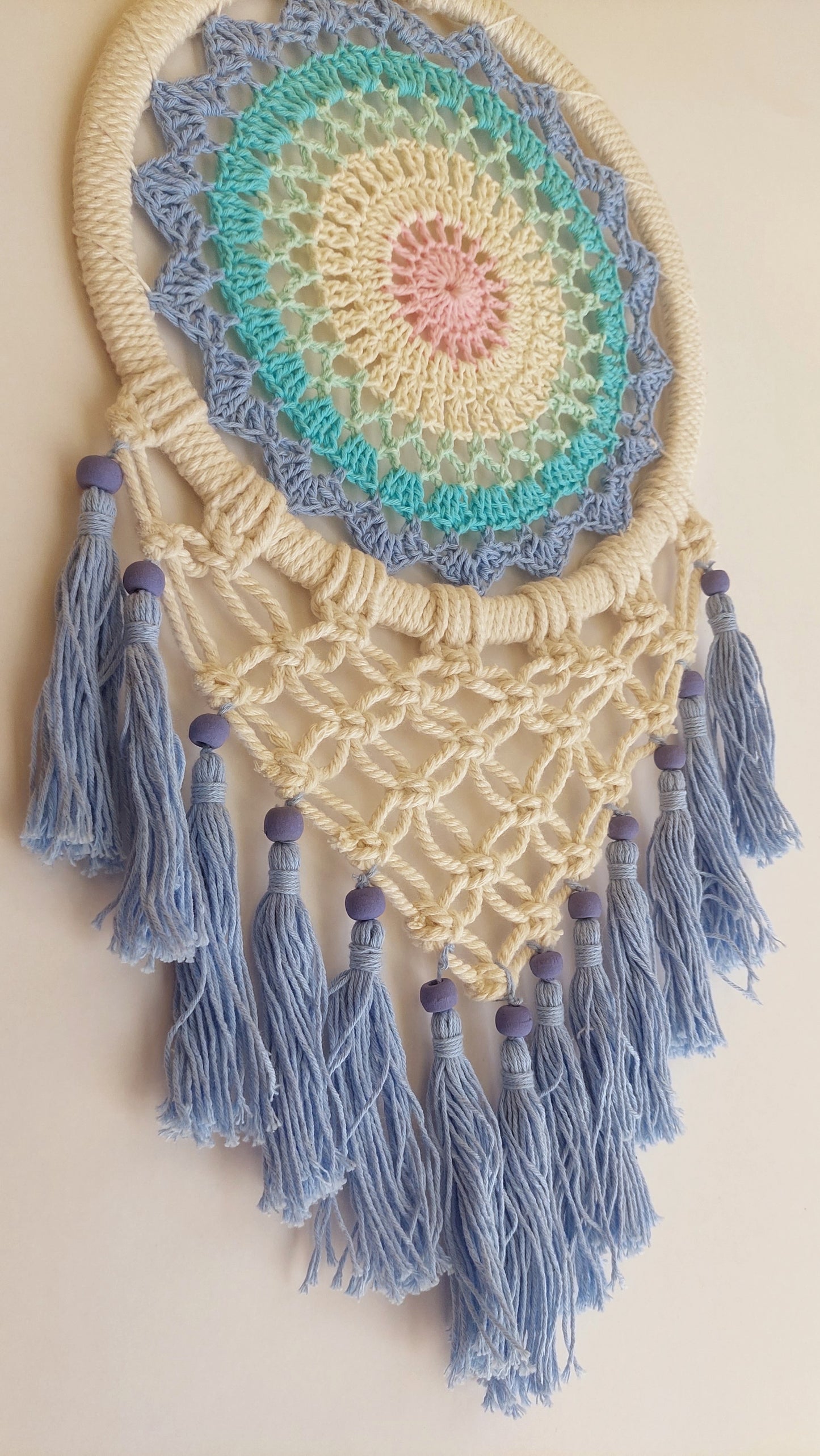 Atrapasueños Tejido y Macrame (blanco y celeste)