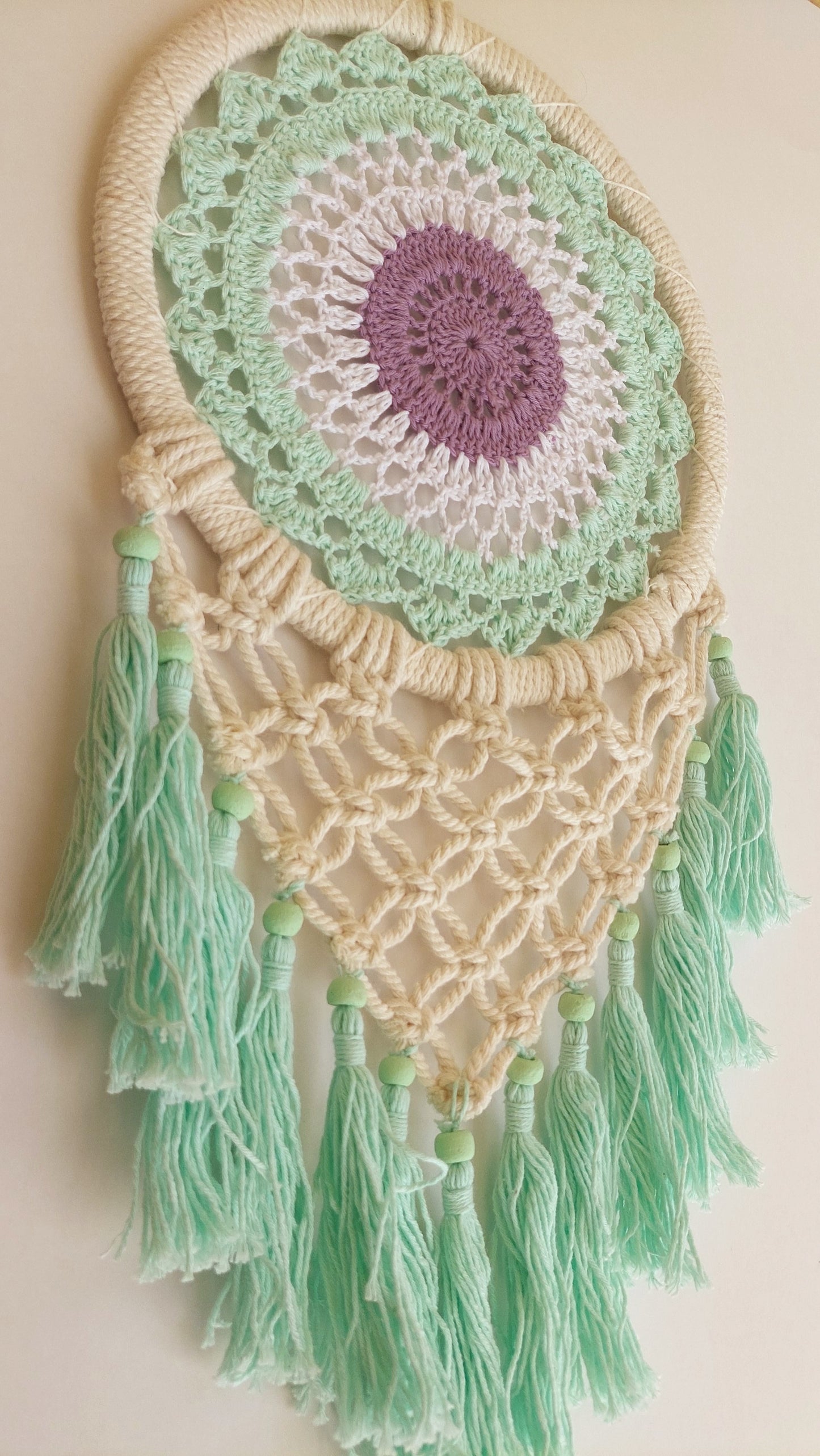 Atrapasueños Tejido y Macrame (blanco y menta)