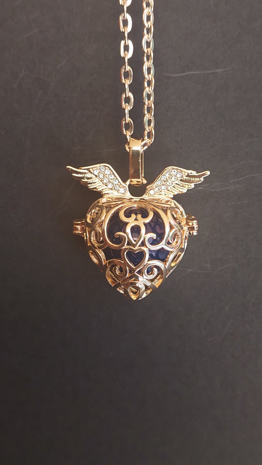 Llamador de Ángeles / Corazón DORADO 2 alas cascabel azul oscuro