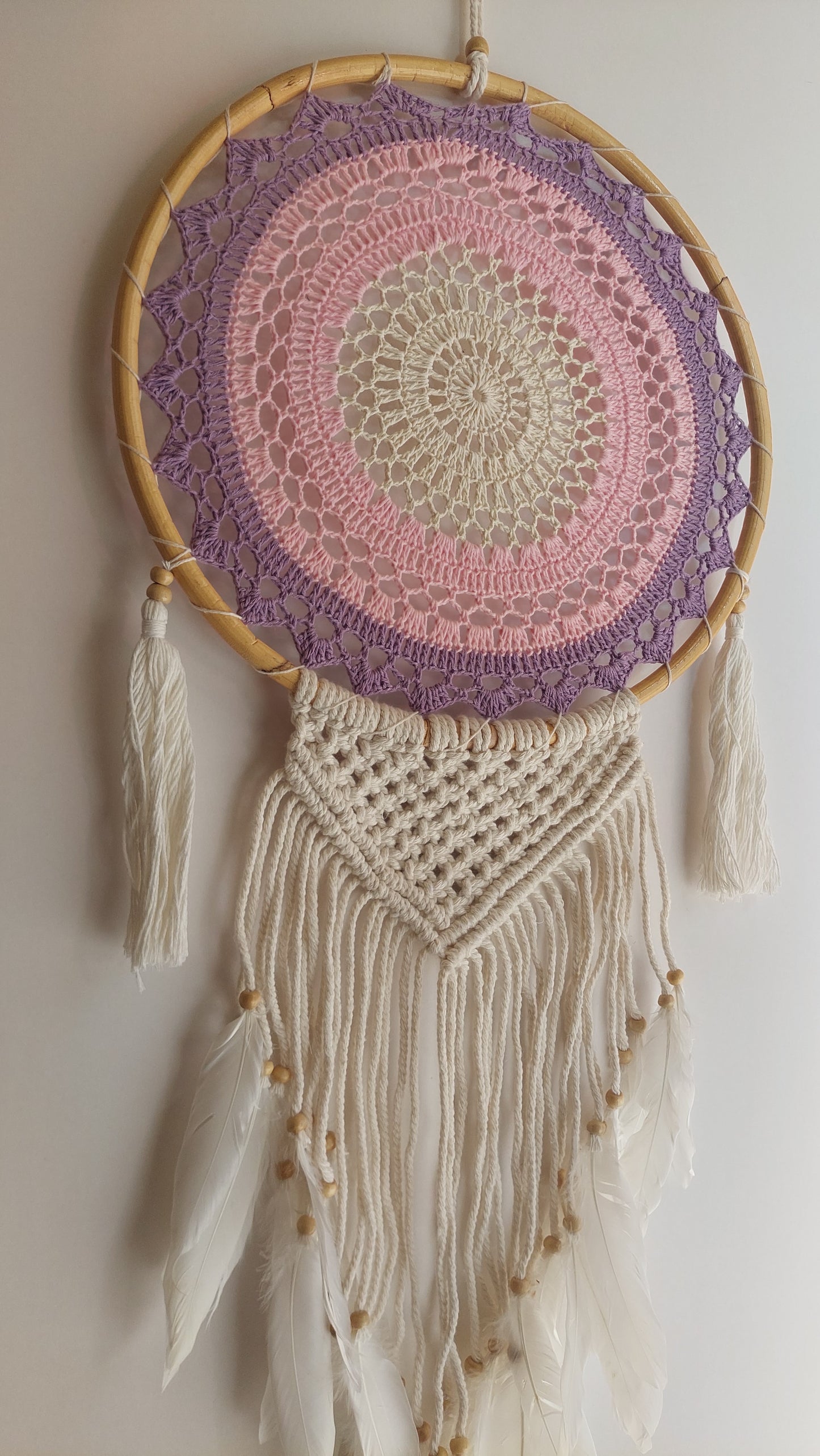 Atrapasueños GRANDE Tejido y Macrame (morado y rosa)