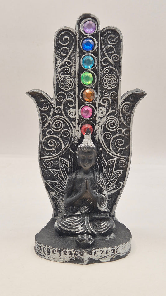Buda con Manos en Pecho "Mudra Pranan" con Mano de Hamsa (negro)