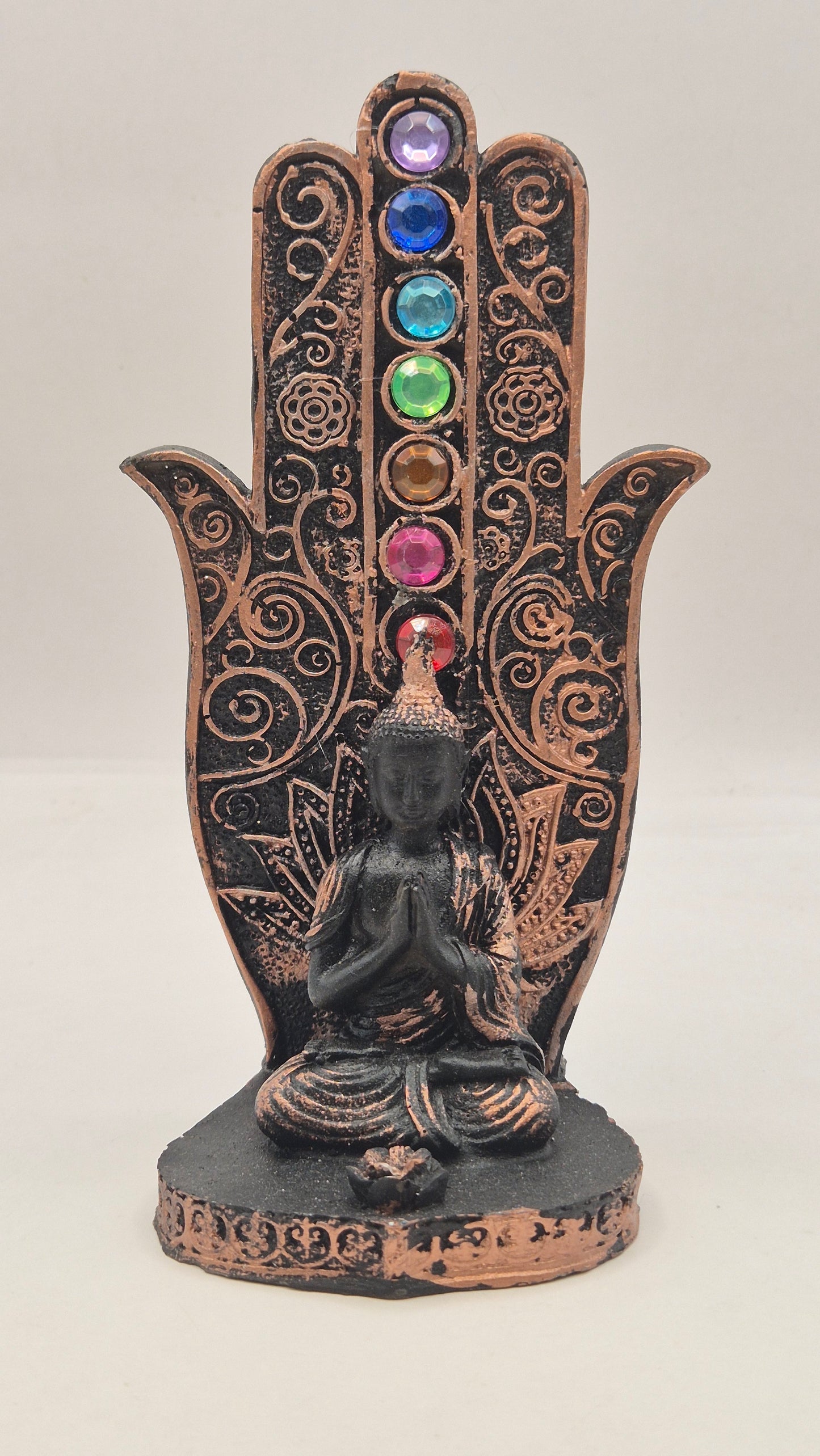 Buda con Manos en Pecho "Mudra Pranan" con Mano de Hamsa (bronce)