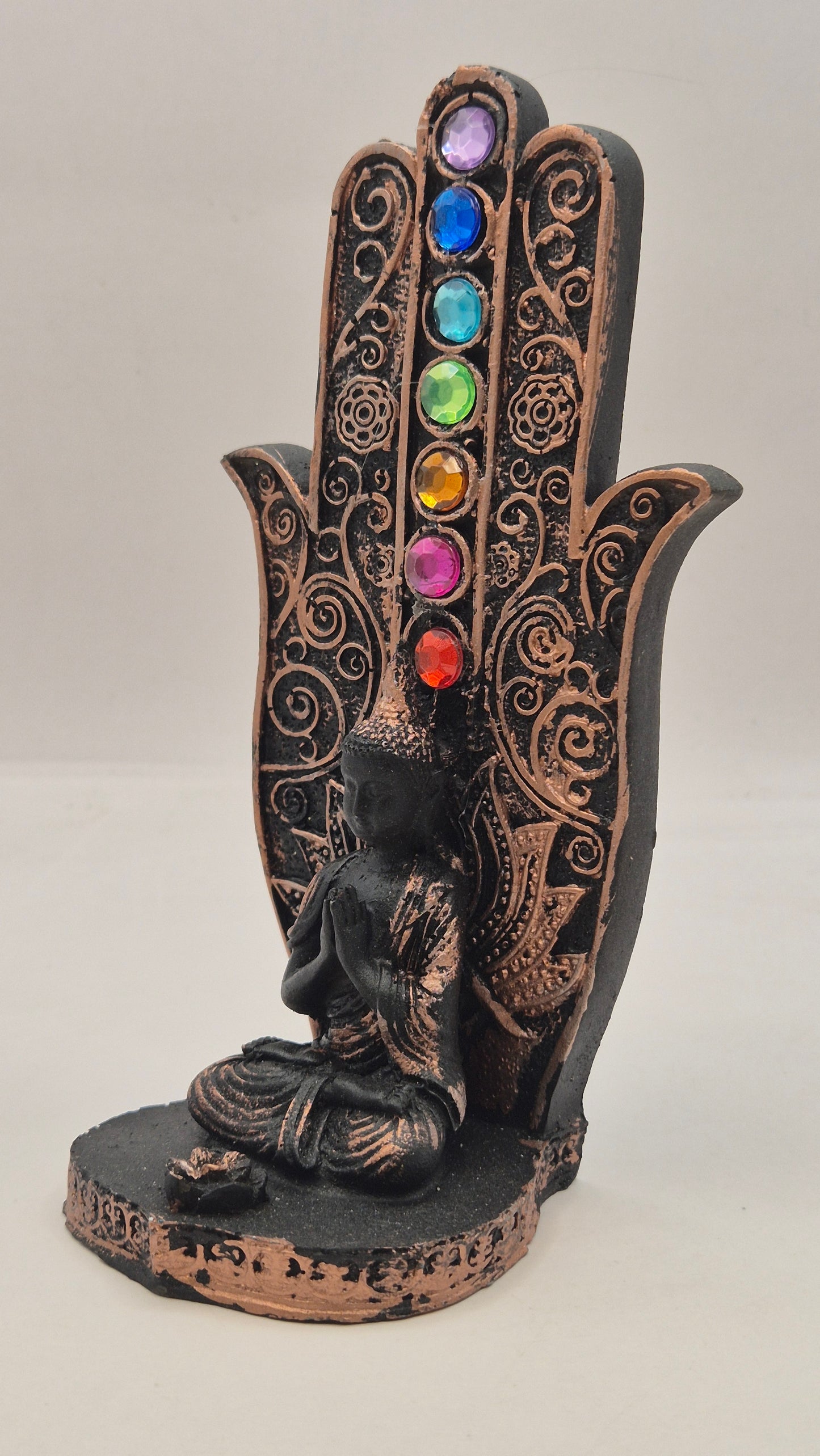 Buda con Manos en Pecho "Mudra Pranan" con Mano de Hamsa (bronce)