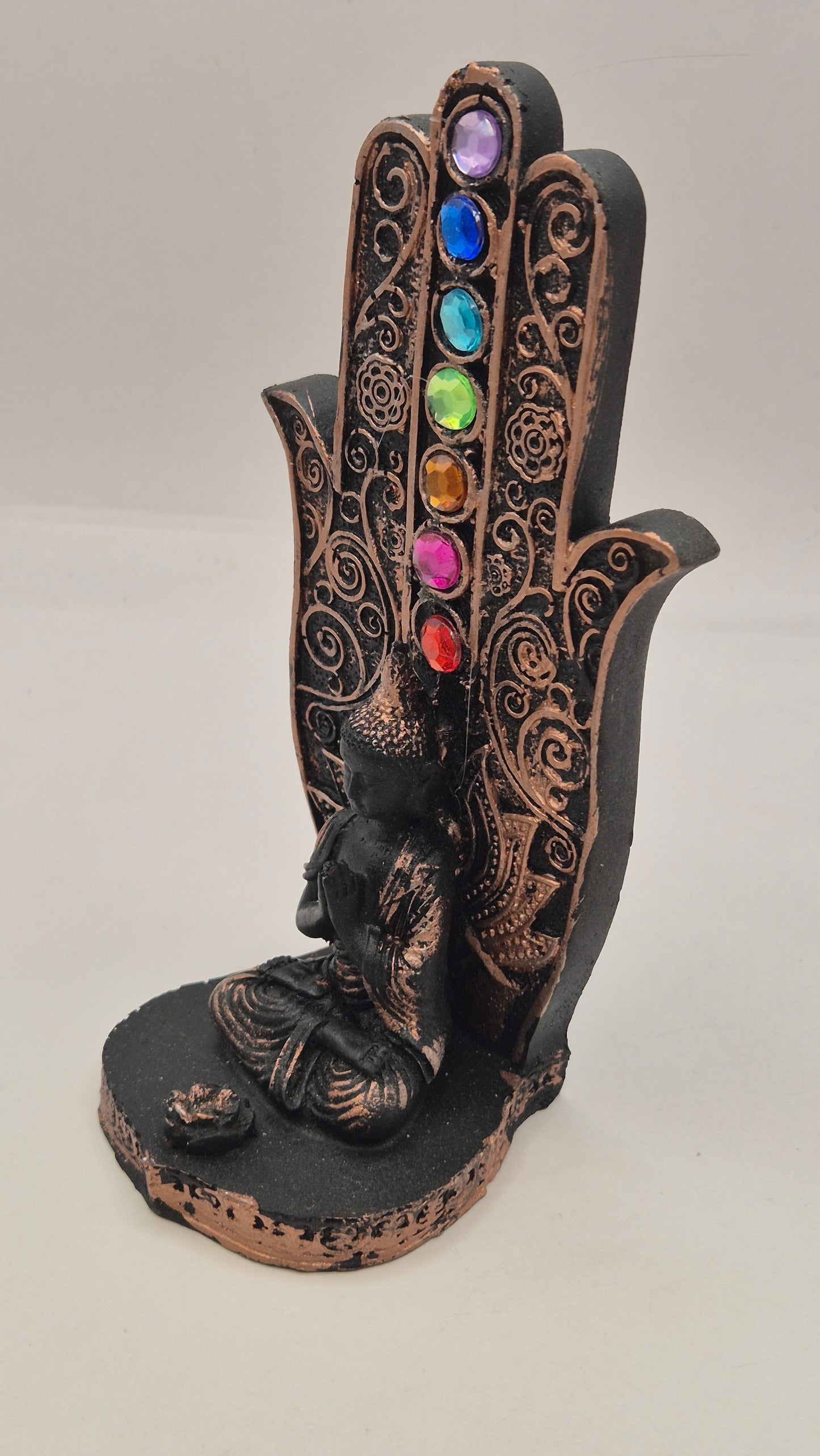 Buda con Manos en Pecho "Mudra Pranan" con Mano de Hamsa (bronce)