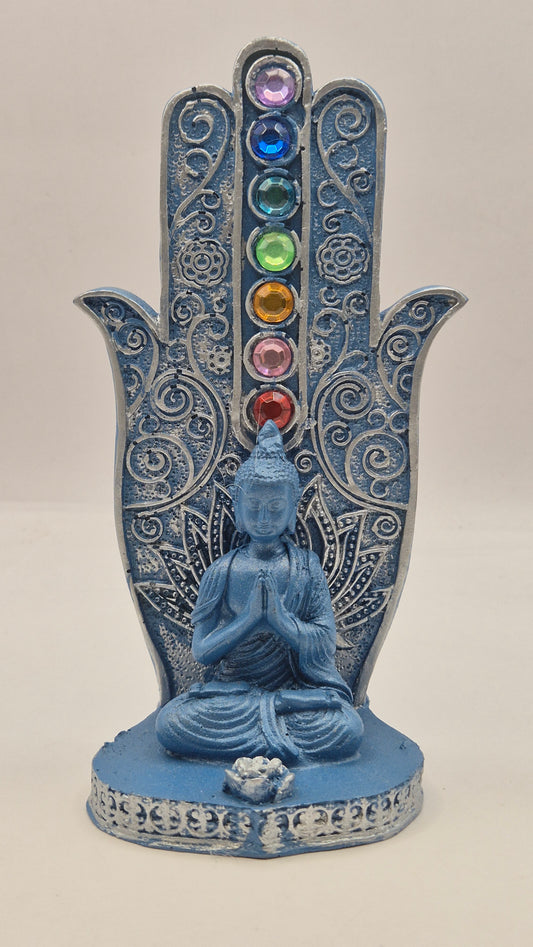 Buda con Manos en Pecho "Mudra Pranan" con Mano de Hamsa (azul)