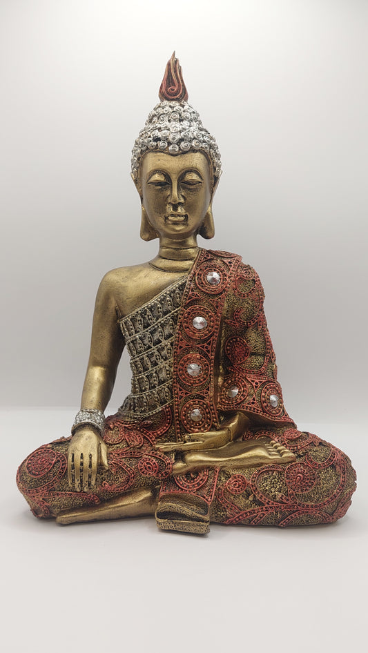 Buda con Mano sobre Regazo y Rodilla (dorado y rojo) "Mudra bhumisparsha"