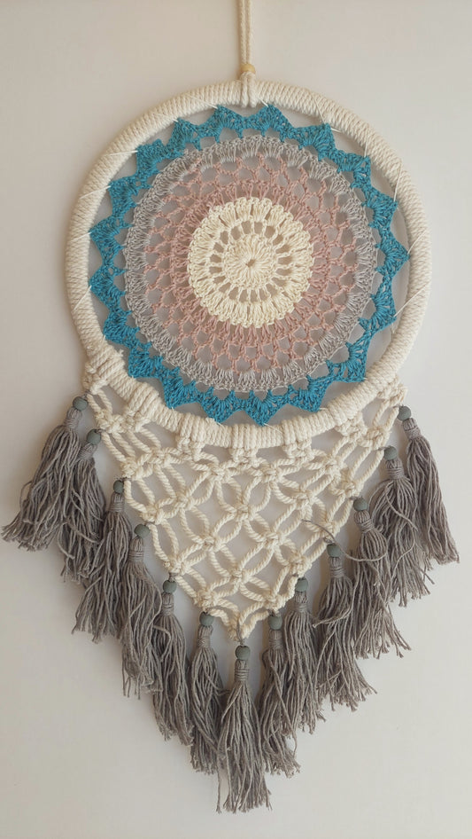 Atrapasueños Tejido y Macrame (blanco y gris) 2