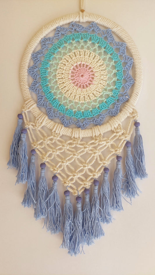 Atrapasueños Tejido y Macrame (blanco y celeste)