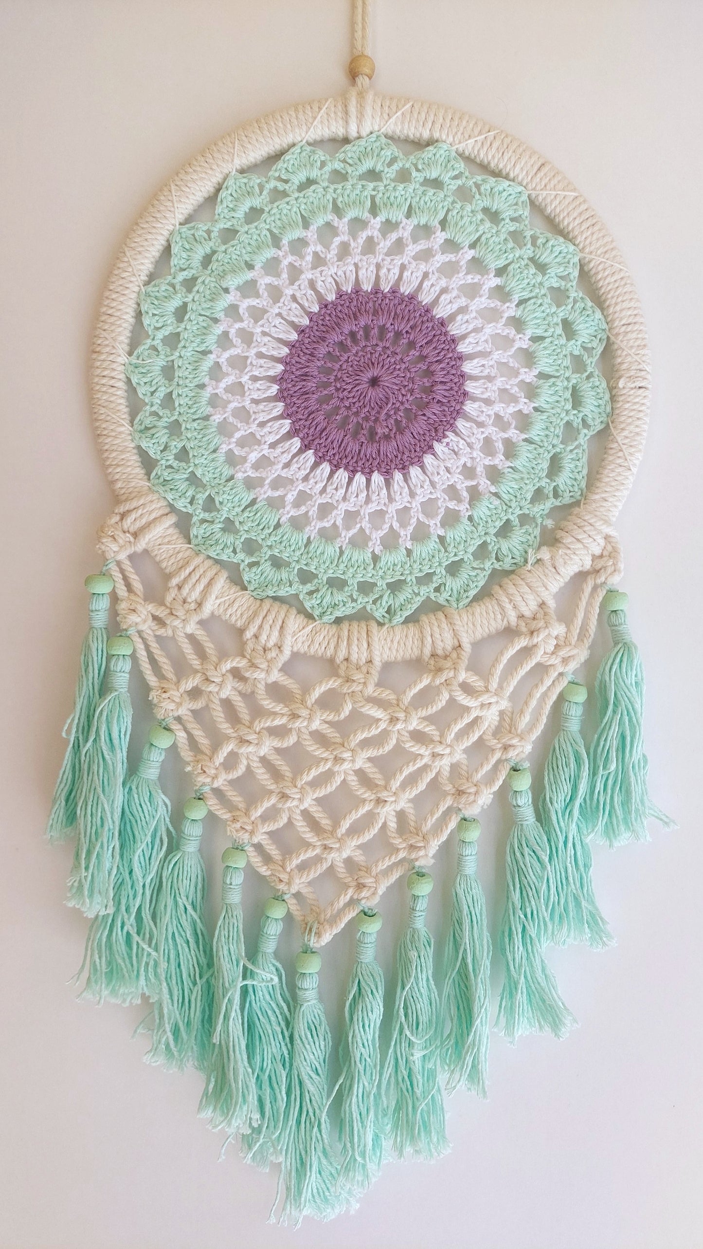 Atrapasueños Tejido y Macrame (blanco y menta)