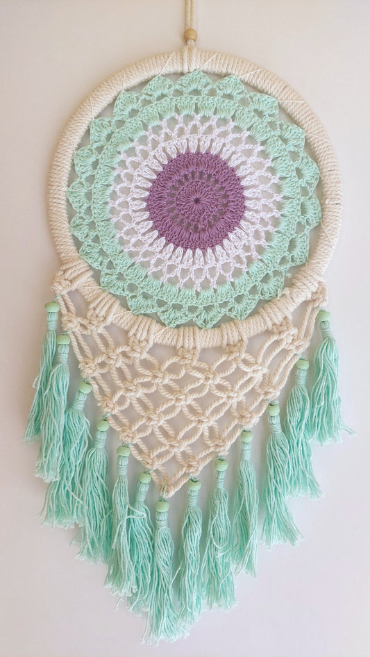 Atrapasueños Tejido y Macrame (blanco y menta)