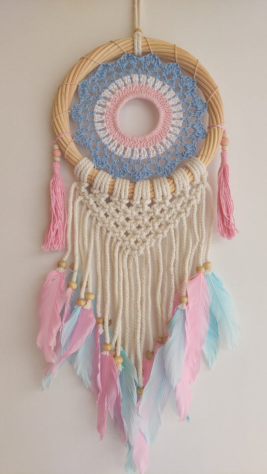 Atrapasueños Aro Bambú Macrame y Plumas (celeste y rosa)